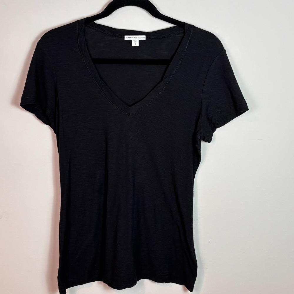 James Perse Womens 100% Cotton Slub V-Neck Black Short Sleeve Tee size 3/Large